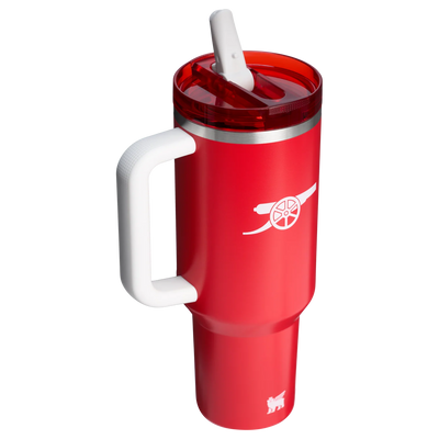 40 oz Stanley Quencher ProTour Flip Straw Tumbler in Arsenal DNA Red with white handle and white iconic Arsenal cannon logo.