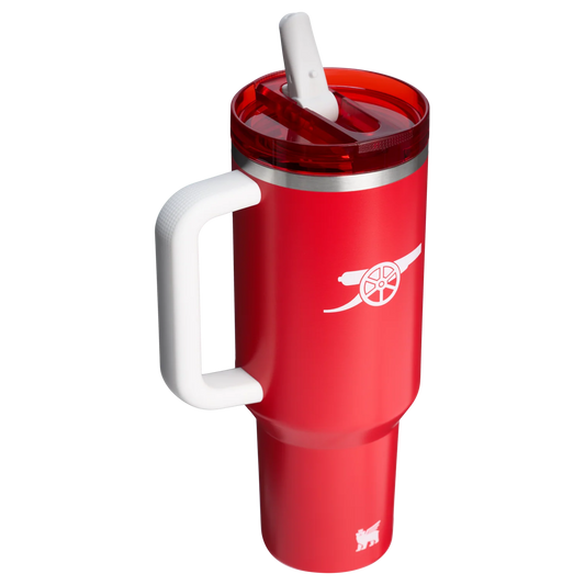 40 oz Stanley Quencher ProTour Flip Straw Tumbler in Arsenal DNA Red with white handle and white iconic Arsenal cannon logo.