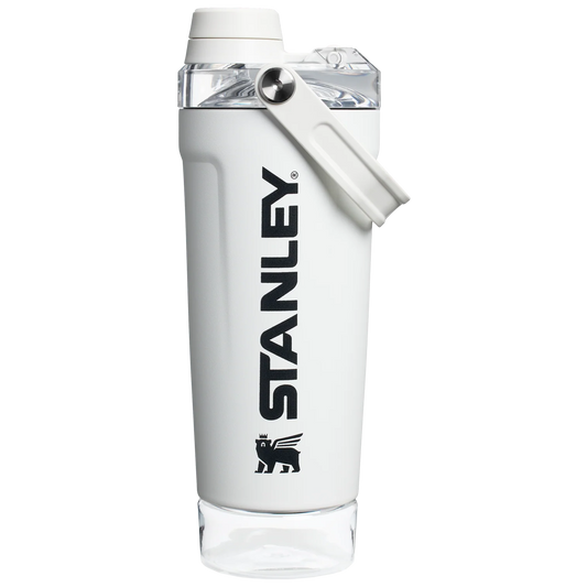 Front view of the black Stanley Activate Shaker Bottle featuring the side handle, leakproof lid, and transparent base storage jar.
