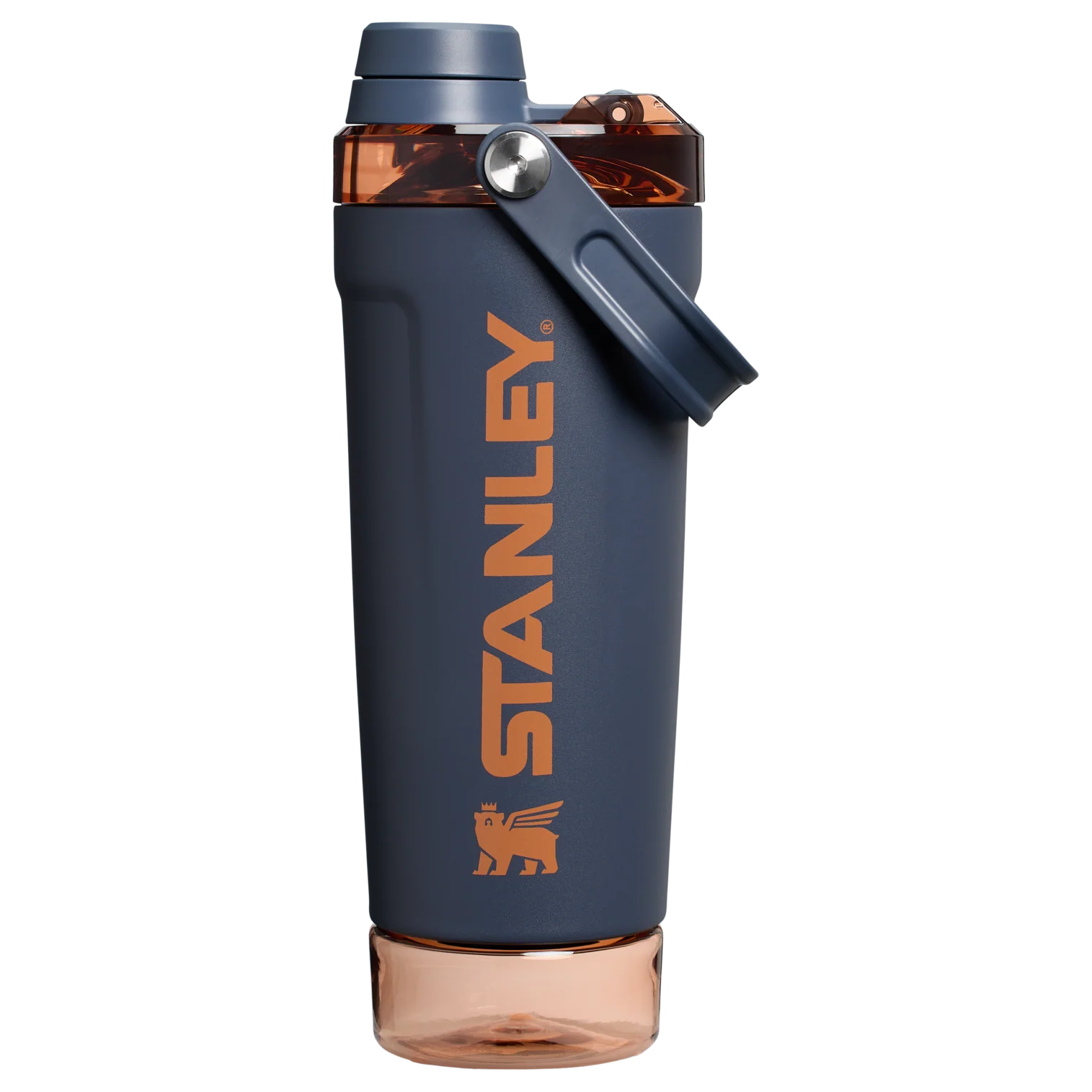 Front view of the black Stanley Activate Shaker Bottle featuring the side handle, leakproof lid, and transparent base storage jar.
