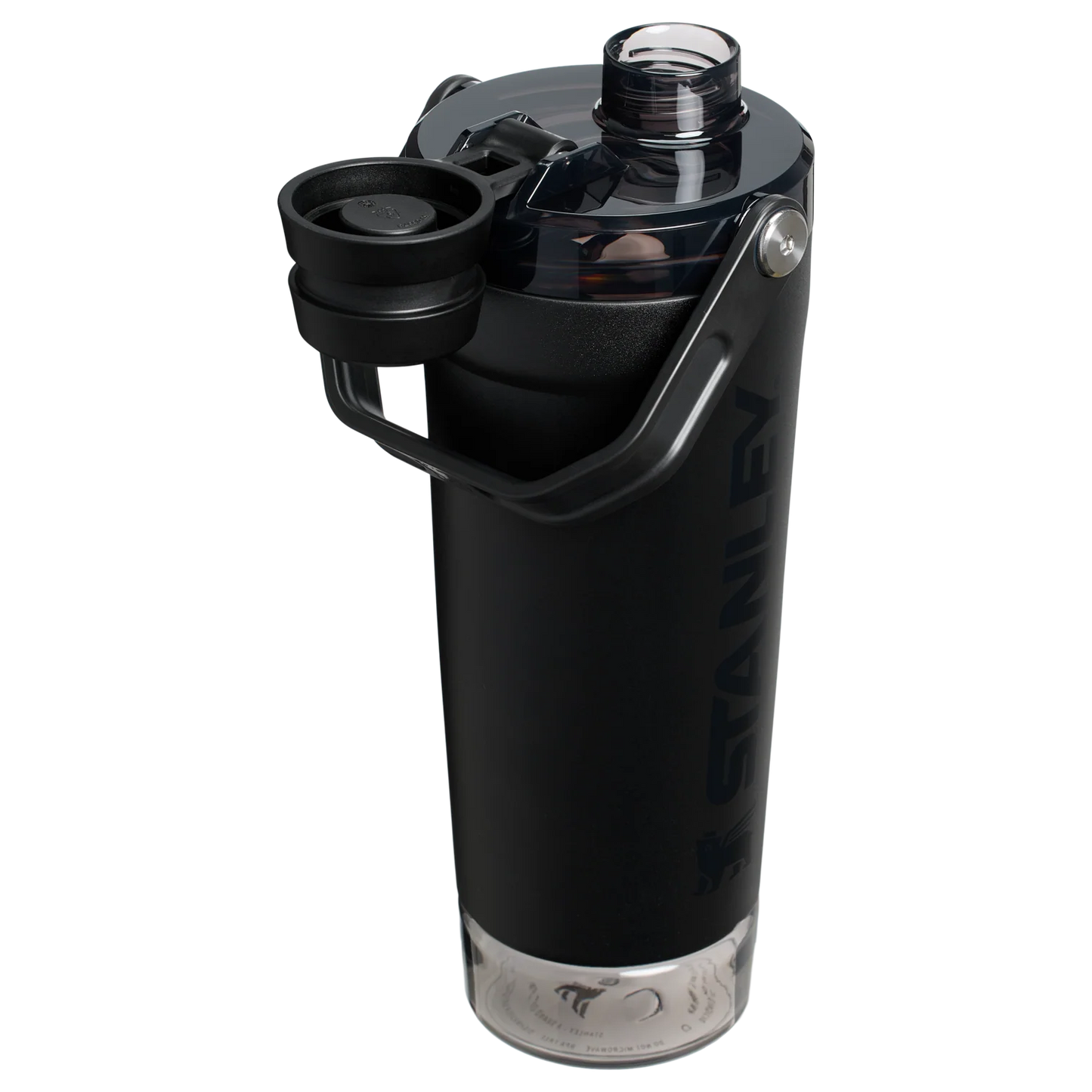 A black Stanley Activate Shaker Bottle with an open tethered cap, showing the lid and carry handle design.

