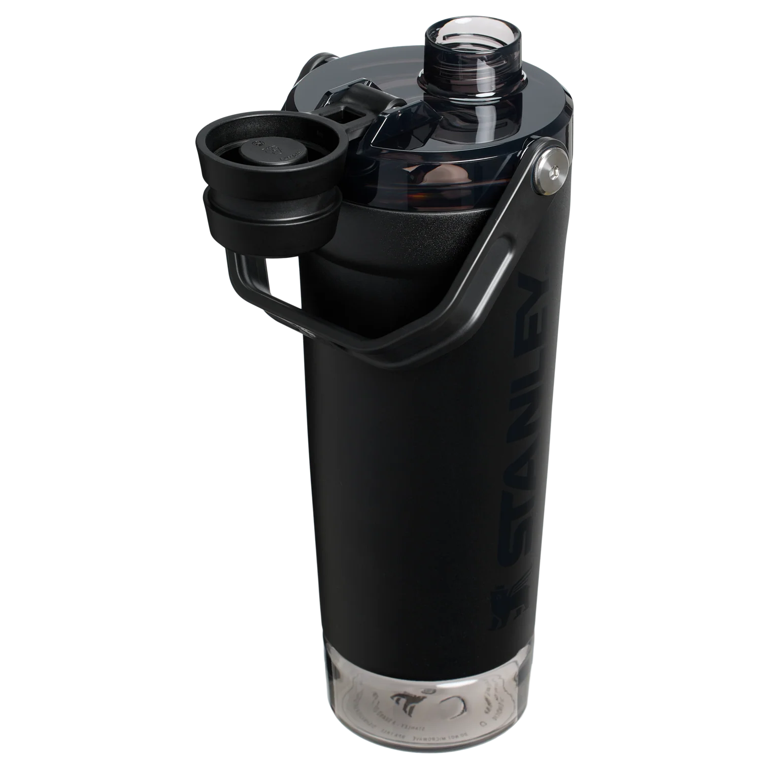 A black Stanley Activate Shaker Bottle with an open tethered cap, showing the lid and carry handle design.
