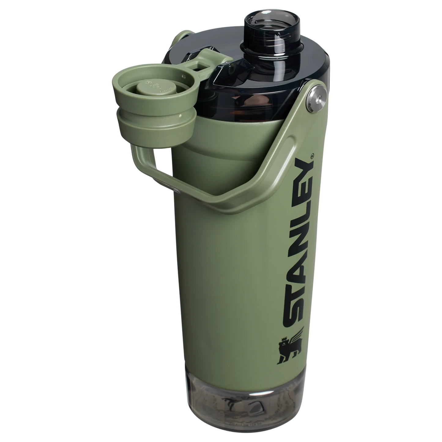 A black Stanley Activate Shaker Bottle with an open tethered cap, showing the lid and carry handle design.
