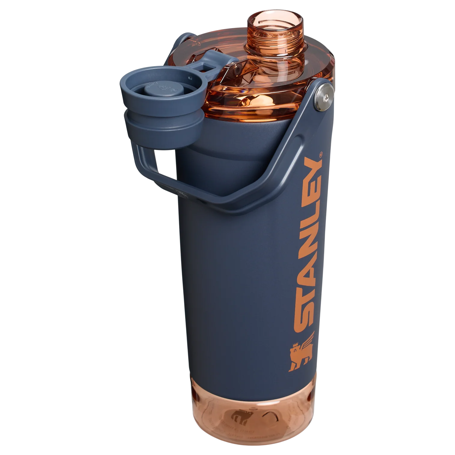 A black Stanley Activate Shaker Bottle with an open tethered cap, showing the lid and carry handle design.
